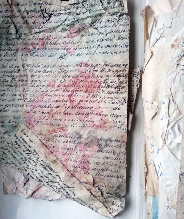 Newly discovered documents in the Lithuanian Central State Archive from YIVO’s prewar collection, now in the process of being sorted and conserved. Their damaged appearance is testament to the circumstances in which they rescued and hidden