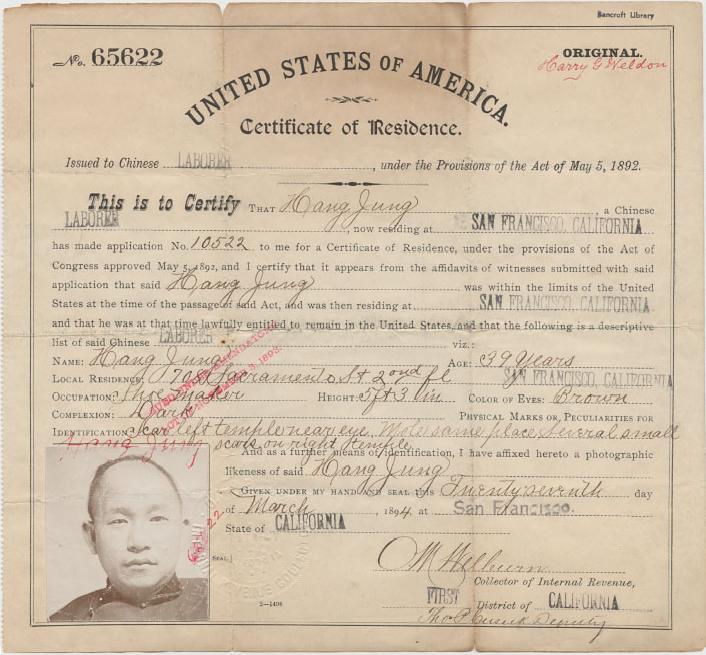 1892 certificate of residence for Hang Jung: From Papers relating to Chinese in California