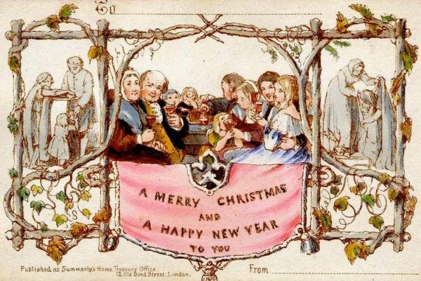 The world's first commercially produced Christmas card, designed by John Callcott Horsley for Henry Cole in 1843