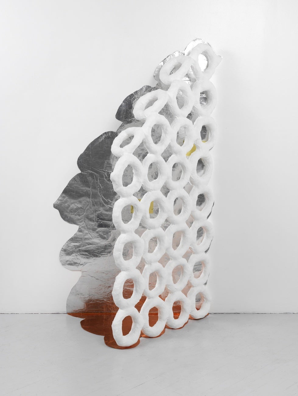"Prosodies #2" (2013), 72" x 34" x 22"; embroidery loops, plaster, paint, cloth, paper, metal, cellophane