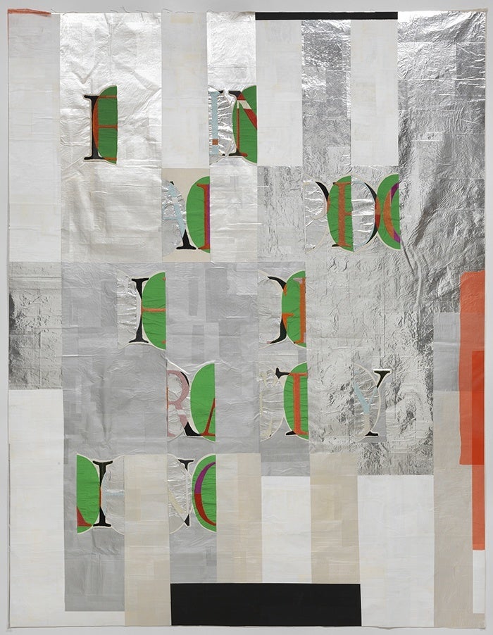 "Weave" (2015); canvas, thread, cloth, aluminum, paper, paint; 78" x 60"