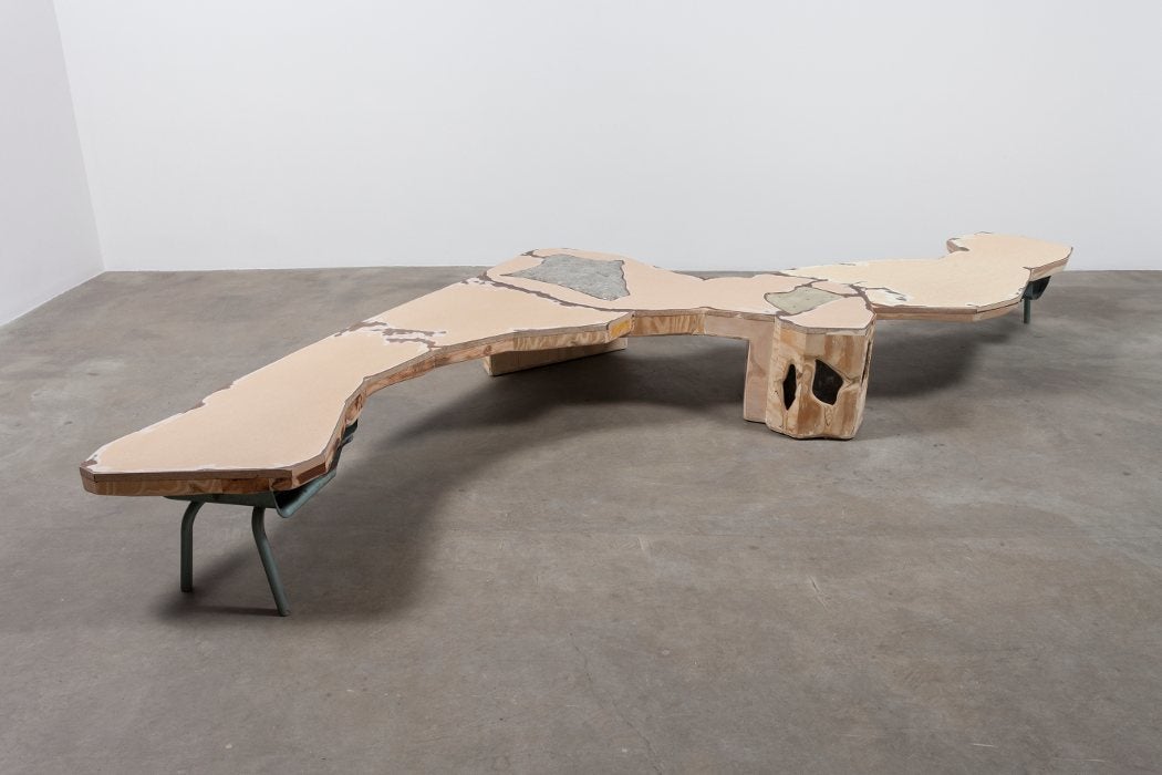 "A Modest Enquiry into the Nature of Witchcraft" (2016), 48" x 104" x 14" Functional bench made from salvaged material from closed Chicago public schools; image courtesy of the artist and Rhona Hoffman Gallery.