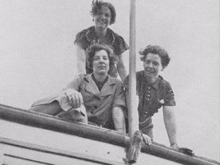 Clockwise from top: Ruhe Linn, Margaret “Gibby” Gibbons, Dorothy A. Bennett aboard the Barnacle, 1930s