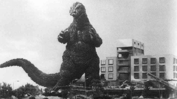 Godzilla attacking a hotel in the 1954 film.