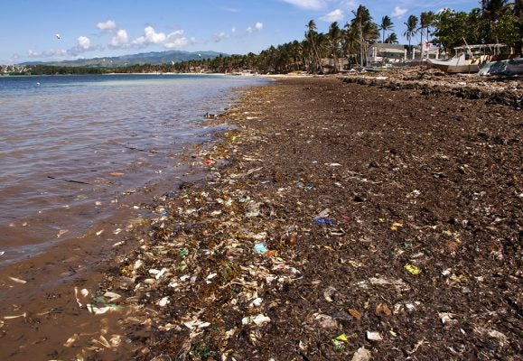 Plastic and trash litter a shoreline.
