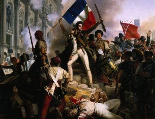 Painting of French revolutionaries waving a French flag and fighting for independence in the late 1700's.