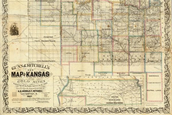 A map of Kansas from 1862 showing boundary lines as recorded by O.B. Gunn and D.T. Mitchell.