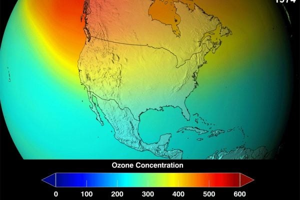 Color coded map expressing ozone concentration over different parts of the globe. Ozone concentration trends upwards from lower hemisphere to upper.