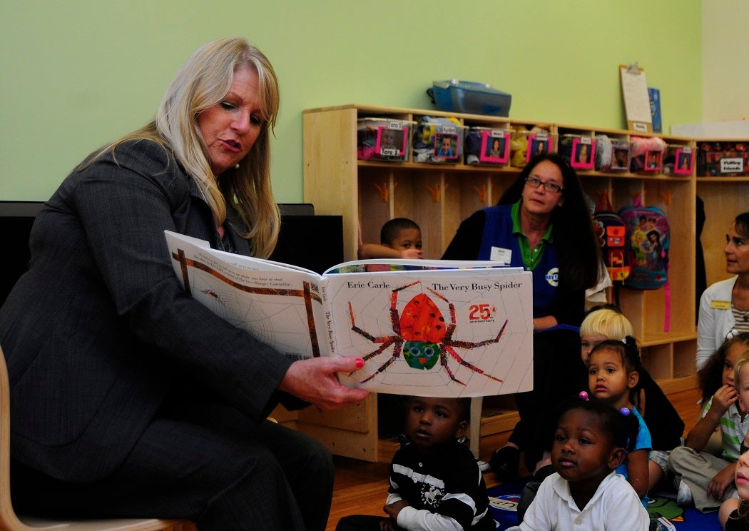 Virginia first lady Maureen McDonnell reads to children at the Joint Expeditionary Base Little Creek-Fort Story Child Development Center.