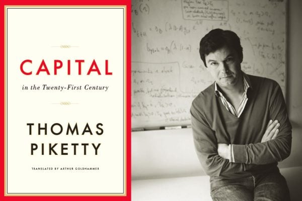 Book cover of Thomas Pikett's Capital beside the author sitting in front of a whiteboard filled with equations