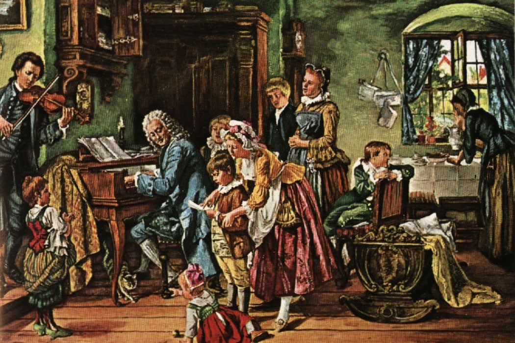 Bach's Family Morning painted by Toby Edward Rosenthal depicting a busy communal space (oil on canvas)