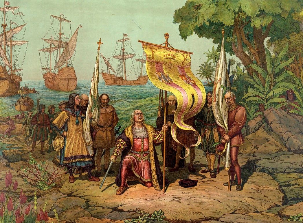 Illustration of Columbus on his knee, planing a flag in the New World with his men and ships looking on
