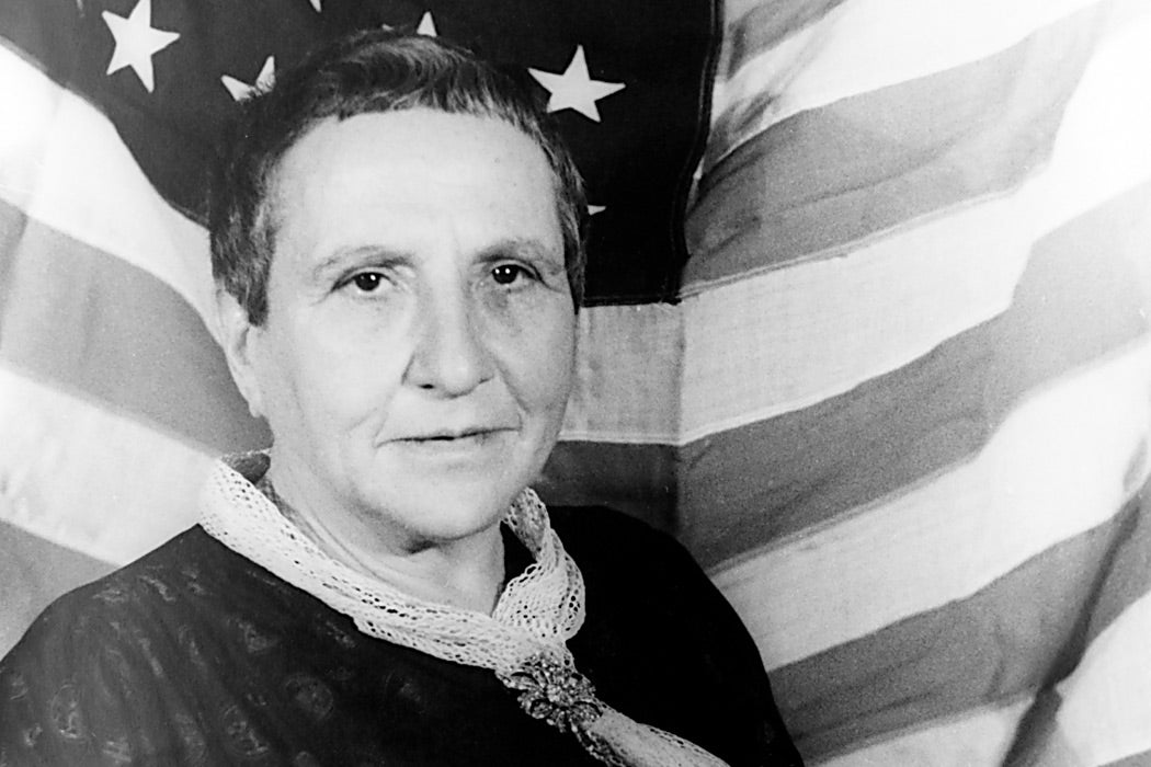 Gertrude Stein in front of an American flag