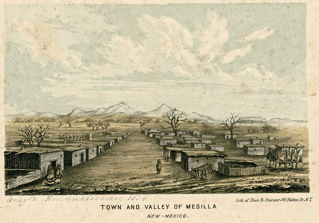 Older and worn illustration of Mesilla, New Mexico. 