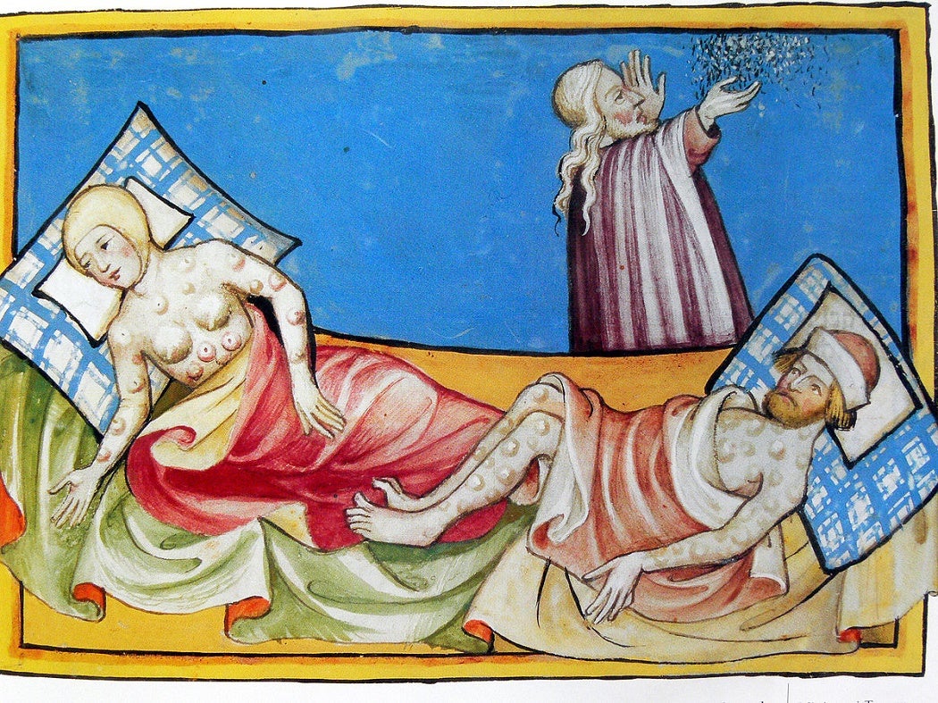 Illustration from 1411 depicting Moses standing between two individuals laying down and covered with boils