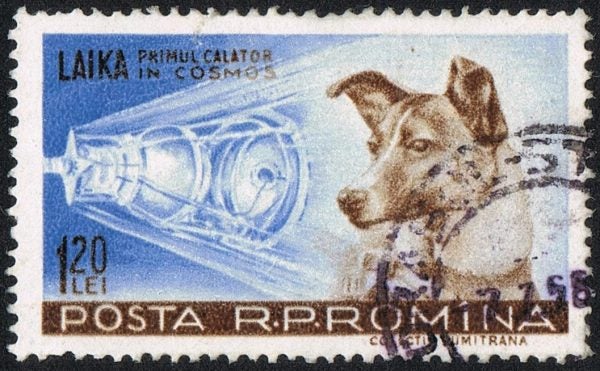 A stamp depicted the first earthling in space, Laika, a dog.