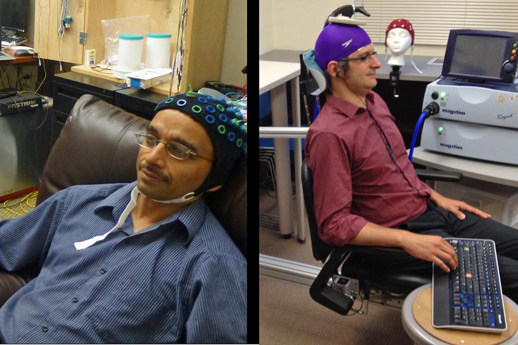 Side-by-side images of two men whose headpieces are hooked up to machinery