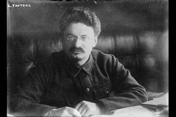 Black and white photograph of Leon Trotsky looking directly at the camera