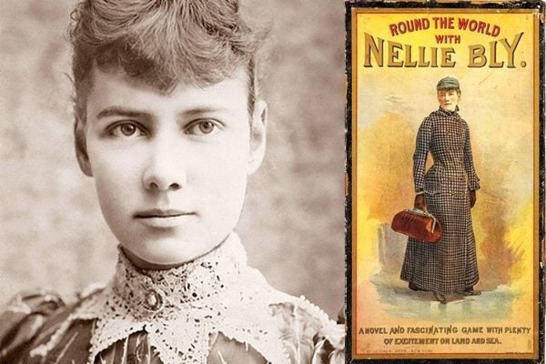 An older black and white headshot of Nelly Bly beside the cover of Round the World with Nelly Bly