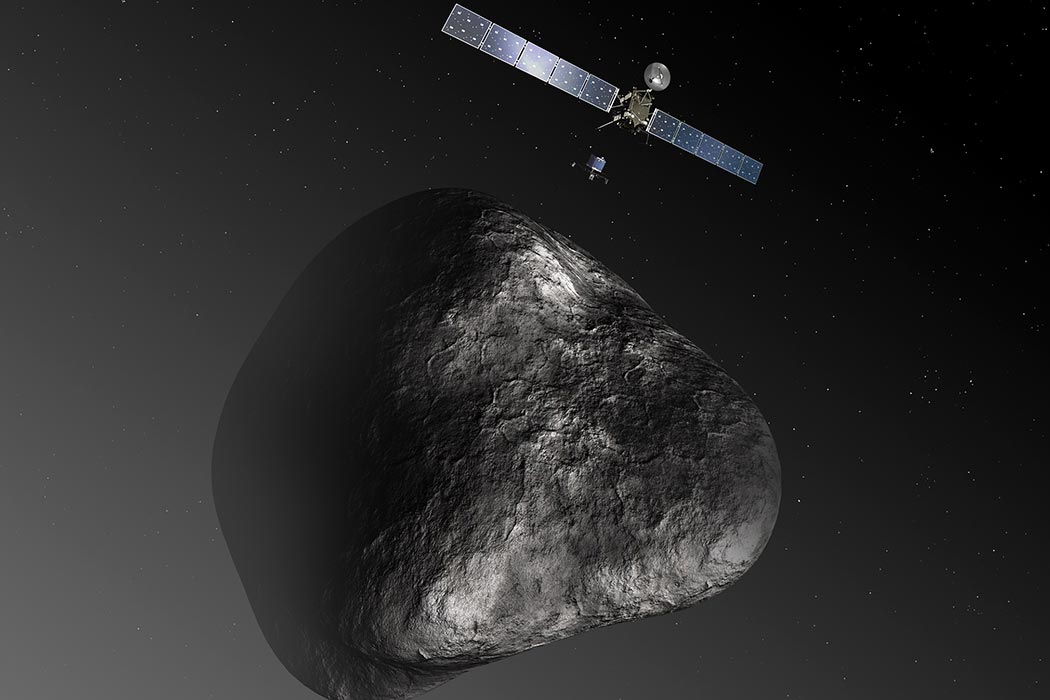 A satellite near a large space rock in the middle of space
