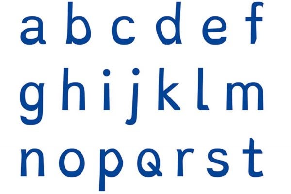 Blue lower case alphabet letters against a white background