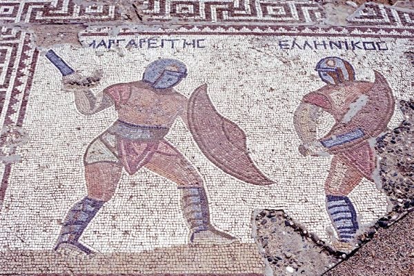 Gladiators facing off depicted with Roman tile