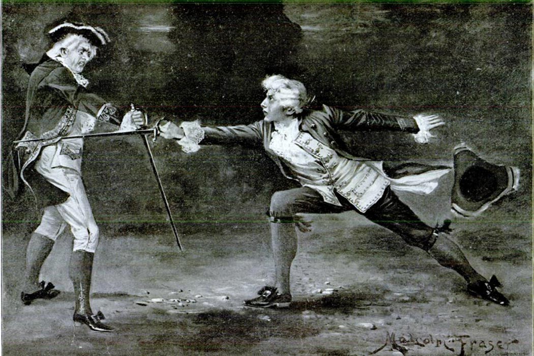 Black and white illustration of men dueling from the 1899 bestseller, Richard Carvel