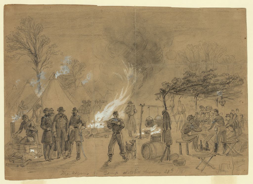 Sketch of a Thanksgiving celebration in a military camp in 1861