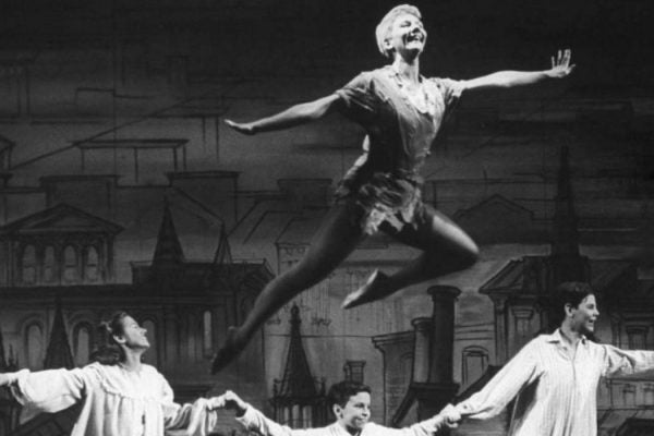 Mary Martin in a flying leap from a stage production of Peter Pan