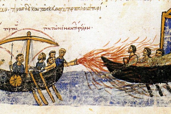 Twelfth century illustration of Byzantines using fire against Thomas the Slav