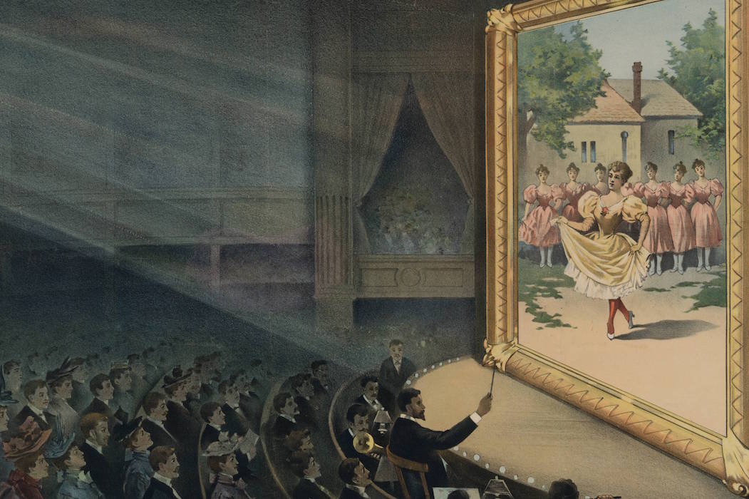 Illustration of a conductor at the front of the stage directing a framed painting
