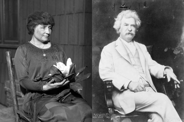 Hellen Keller and Mark Twain in side by side black and white photographs
