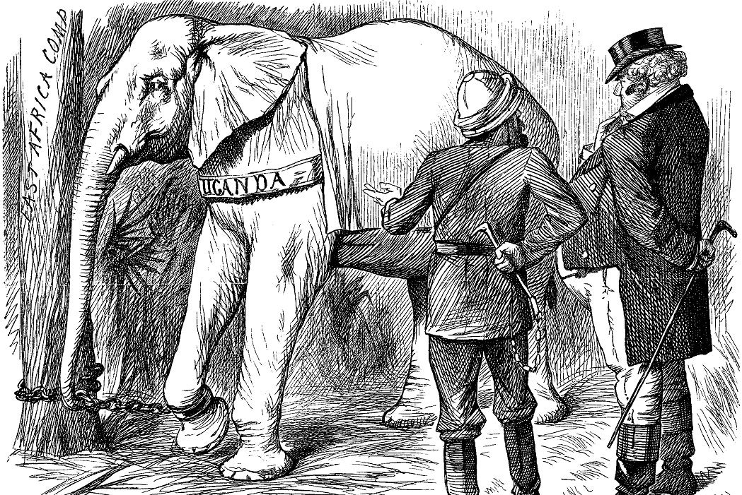 Black and white illustration of a chained elephant, titled Uganda, giving a side glance to the explorer and colonizer who are discussing it
