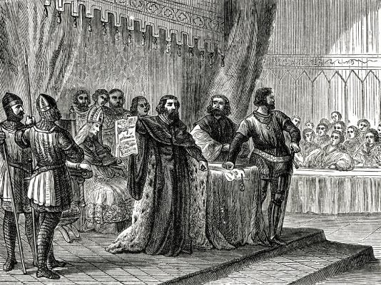 Older black and white drawing of the presentation of the Magna Carta