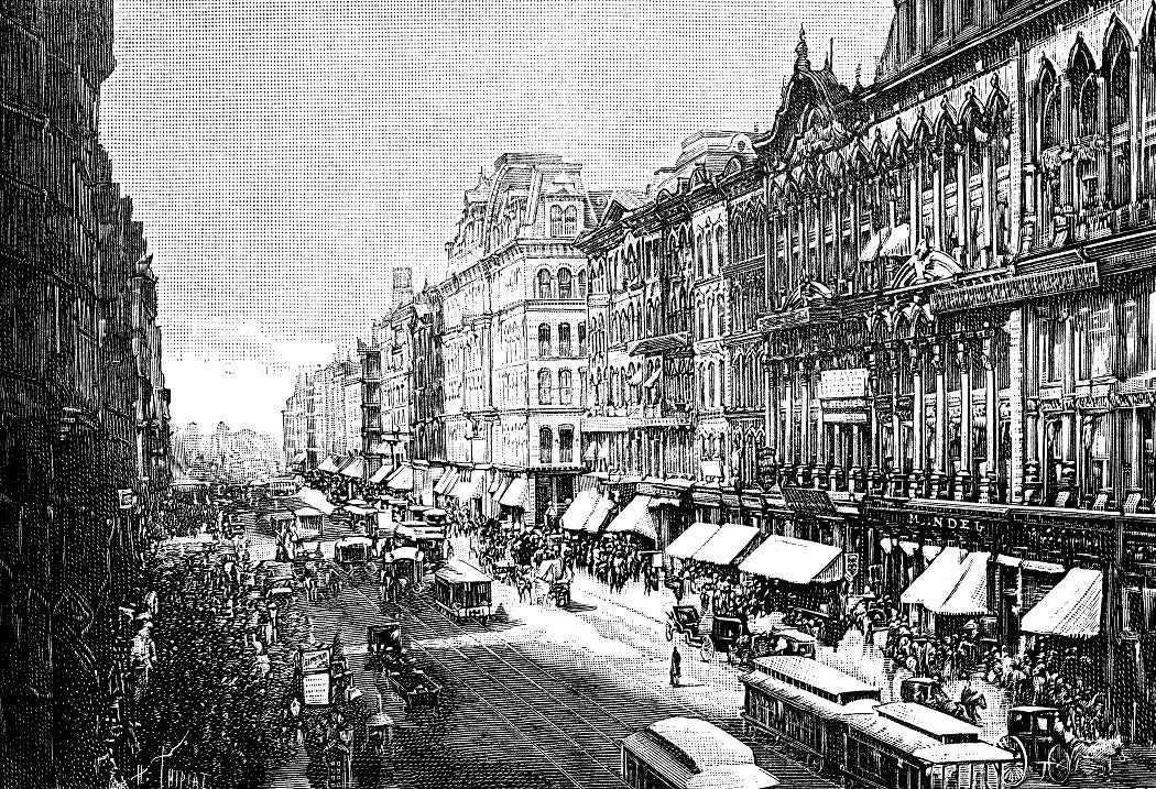 Black and white drawing of a busy street from the 1800's in Chicago