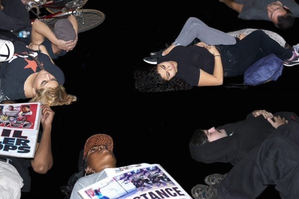 Ken Gonzales-Day's piece, "Die-in, Los Angeles, CA" depicting several protesters laying on the ground