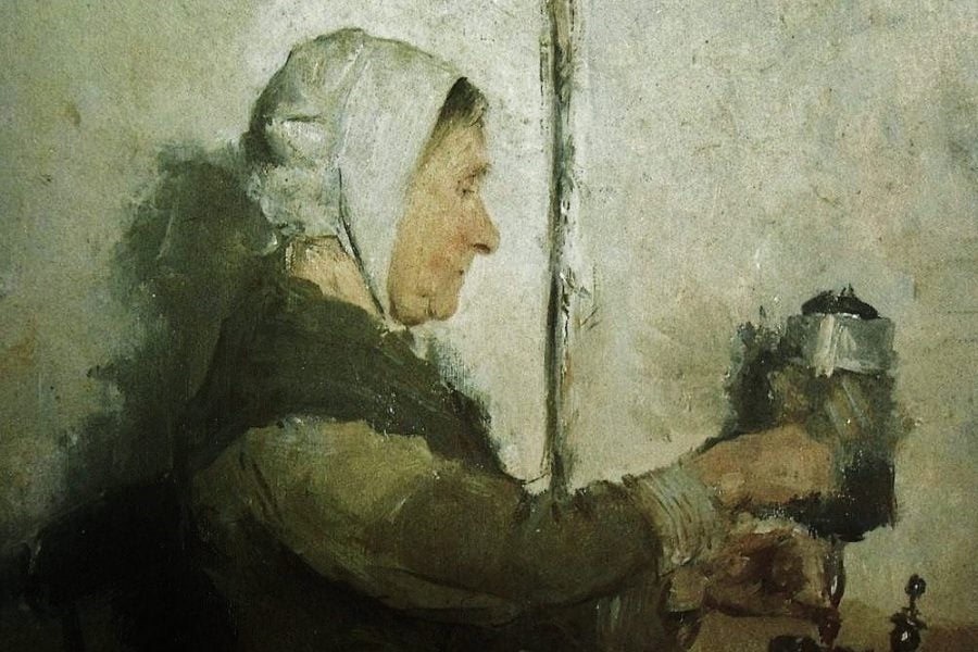 Oil painting of an older woman from the late 1800's; "The Spinster" painted by Evert Larock
