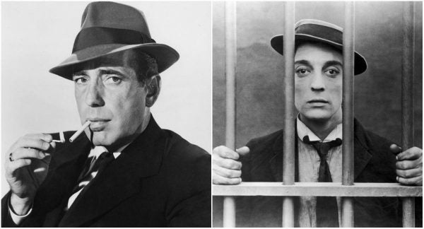 Black and white images of Humphrey Bogart lighting his trademark cigarette and Buster Keaton posed behind bars side-by-side