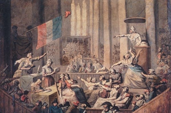 Painting of debating women in a French courtroom in Pre-Revolutionary France