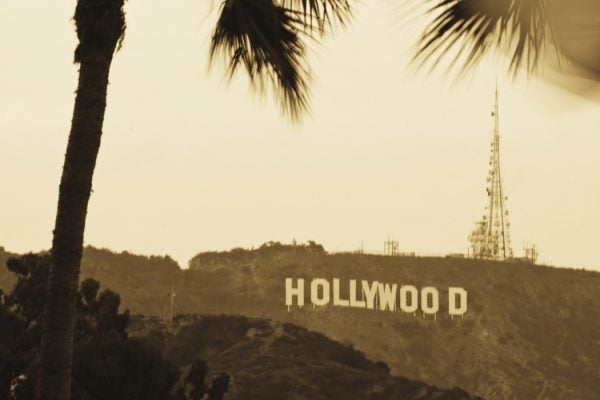 Older black and white photograph of the Hollywood sign