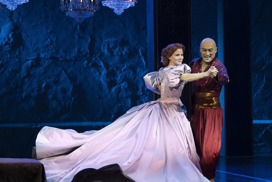 Kelli O'Hara and Ken Watanabe dancing in the 2018 "The King and I"