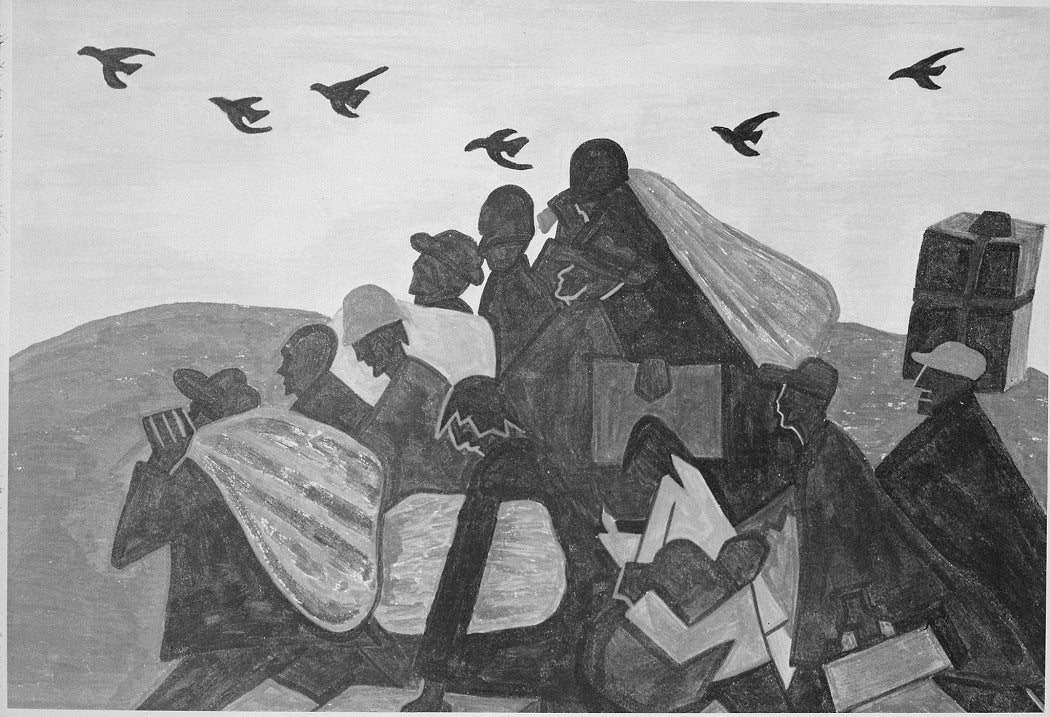 Art piece titled, "Negroes were leaving by the hundreds to go north and enter northern industry" by Jacob Lawrence