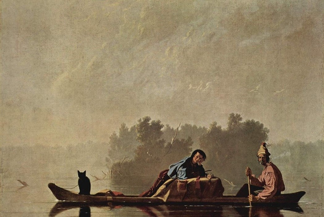 Oil painting titled "Fur Traders Descending the Missouri" by George Caleb Bingham