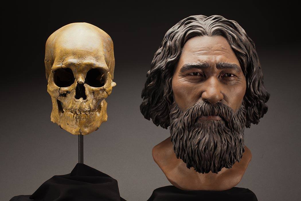 Side-by-side comparison of Kennewick Man's skull and a reconstructed head.