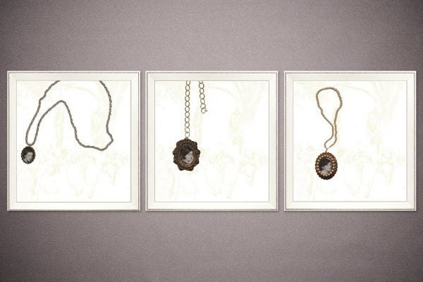 "Heirlooms and Accessories", 2003, Ink-jet prints on paper in wooden artist's frames w/ rhinestones, in three parts.
