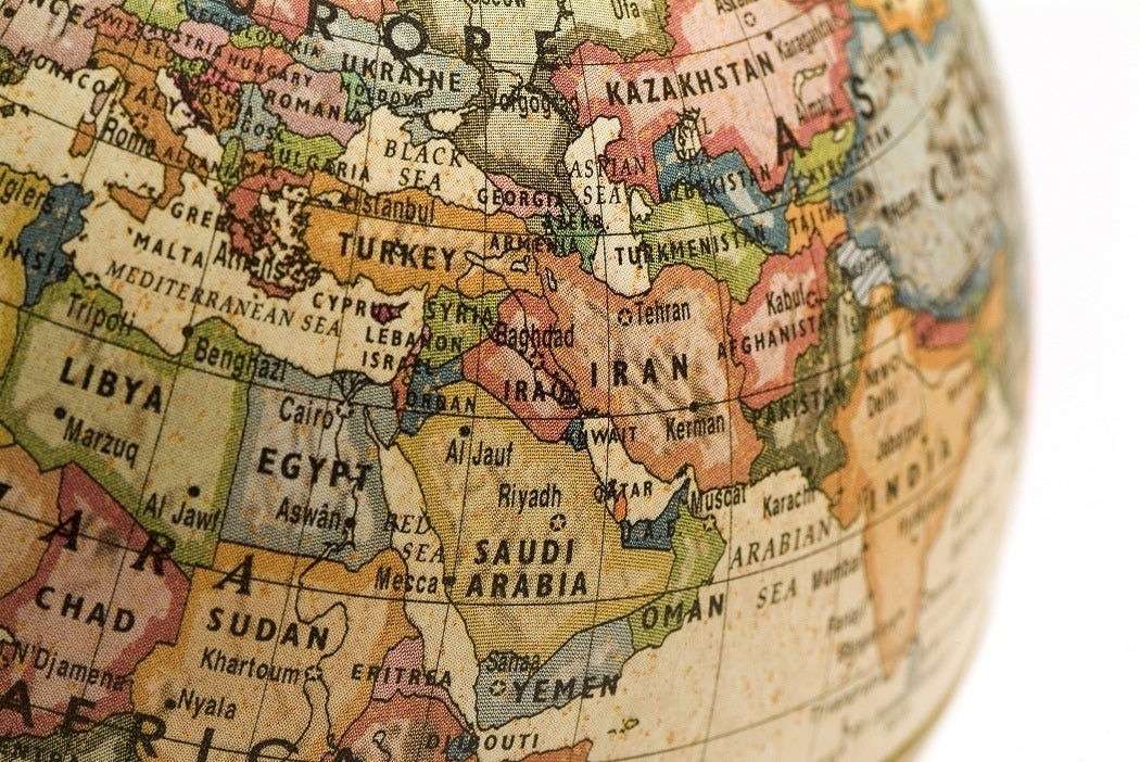 Globe showing Iran and its surrounding areas