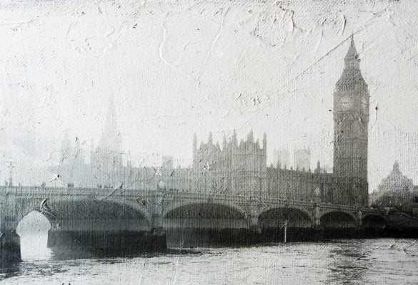 Textured canvas with Buildings of Parliament and Big Ben tower in London UK view from Thames river.