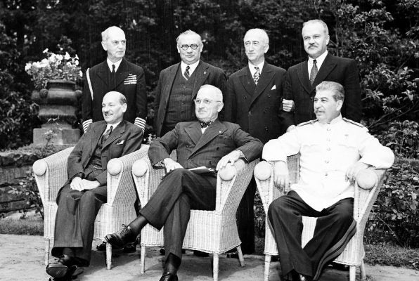 Black and white photograph of the Postdam Conference group from 1945
