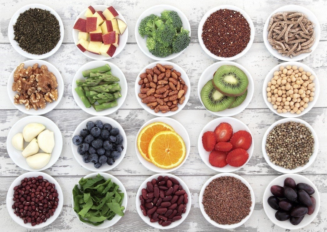 Bowls of various superfoods
