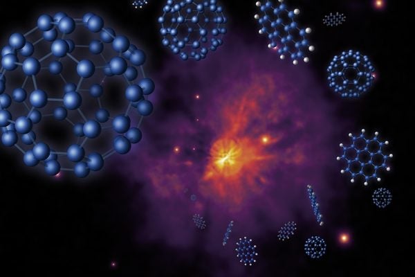 Artist's concept of buckyballs and polycyclic aromatic hydrocarbons around an R Coronae Borealis star rich in hydrogen. Credit: MultiMedia Service (IAC)